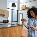 woman in kitchen opening an invitation to apply direct mail offer