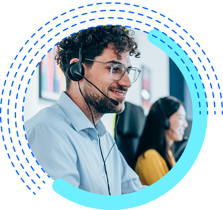 Confident customer service rep at his computer